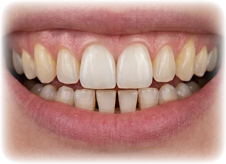 Sourire avec 2 facettes en céramique sur les incisives centrales, teinte accordée aux dents voisines